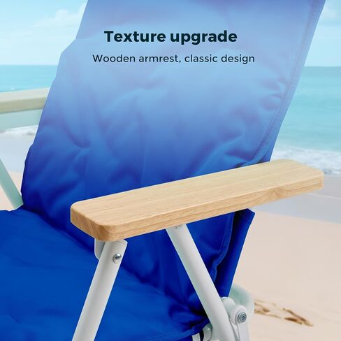 SUNNYFEEL Foldable Beach Chair, Beach Chair Backup with Wood Armrest & Cushion, Lightweight Camping Chair Heavy Duty for Beach, Camping, Lawn, Outdoor, Blue in Saudi Arabia