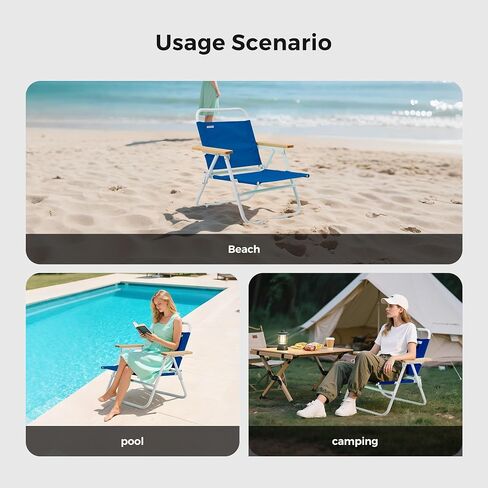 SUNNYFEEL Foldable Beach Chair, Beach Chair Backup with Wood Armrest & Cushion, Lightweight Camping Chair Heavy Duty for Beach, Camping, Lawn, Outdoor, Blue in Saudi Arabia