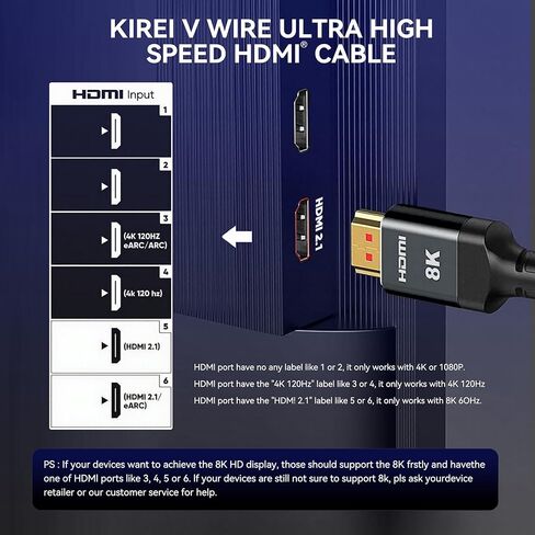 Kirei v Wire Ultra High Speed ​​8K HDMI Cable 3.3ft/1M (48GBPs) ، 4K@120Hz ، 8K@60Hz ، EARC ، DTS-HD. متوافق PS3/4/5 ، الكمبيوتر الشخصي ، الشاشات ، أجهزة التلفزيون والمزيد. الأداء المتين والعالي in Kuwait