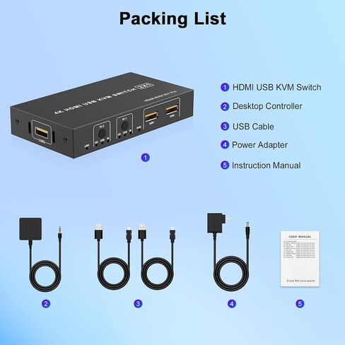 4K HDMI KVM Switch 1 Monitor 2 Computers 4K@60Hz, USB KVM Switches for Two Computer Share Monitor 3 USB Ports for Keyboard Mouse, Support Extended&Mirror Mode with Desktop Controller 2 Wires Included in Saudi Arabia