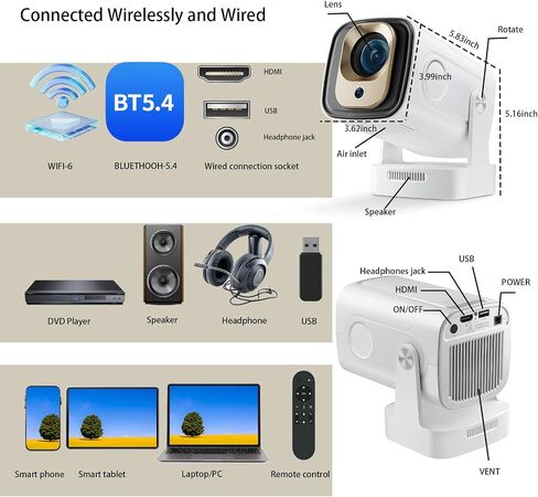 Mini Projector Hy300 Pro Projector مع WiFi و Bluetooth ، دعم جهاز العرض المحمول 1080p 4K فك التشفير ، Android 11.0 ، 200Ansi LM ، 180 ° ROTATIN in Saudi Arabia