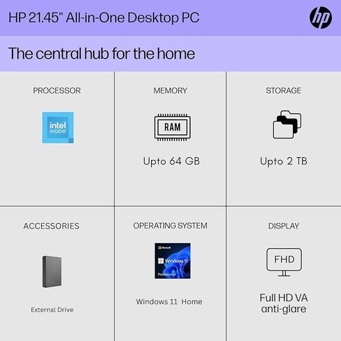 HP 22 "الكمبيوتر المكتبي الكل في واحد • الإصدار الجديد والنظر • ذاكرة الوصول العشوائي 32GB • تخزين 1 تيرابايت (512 جيجابايت SSD و 512 جيجابايت خارجي) • عرض FHD • معالج Intel Celeron • Windows 11 Home in Saudi Arabia
