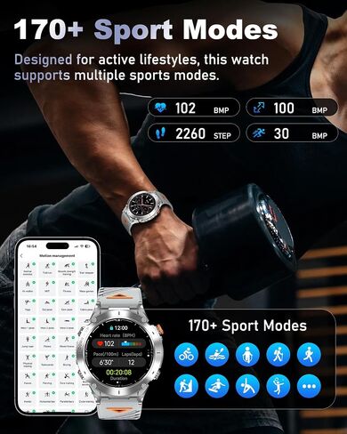 GPS Military Smart Watch for Men with Bluetooth Call, 1.43" AMOLED Waterproof Fitness Tracker with Heart Rate/Sleep Monitor/Flashlight, 170+ Sports Modes, 730mAh Battery for Android/iOS in Kuwait