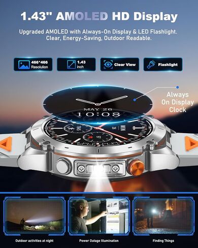 GPS Military Smart Watch for Men with Bluetooth Call, 1.43" AMOLED Waterproof Fitness Tracker with Heart Rate/Sleep Monitor/Flashlight, 170+ Sports Modes, 730mAh Battery for Android/iOS in Kuwait