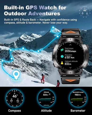 GPS Military Smart Watch for Men with Bluetooth Call, 1.43" AMOLED Waterproof Fitness Tracker with Heart Rate/Sleep Monitor/Flashlight, 170+ Sports Modes, 730mAh Battery for Android/iOS in Kuwait