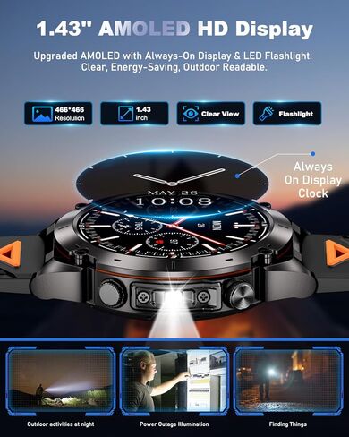 GPS Military Smart Watch for Men with Bluetooth Call, 1.43" AMOLED Waterproof Fitness Tracker with Heart Rate/Sleep Monitor/Flashlight, 170+ Sports Modes, 730mAh Battery for Android/iOS in Kuwait