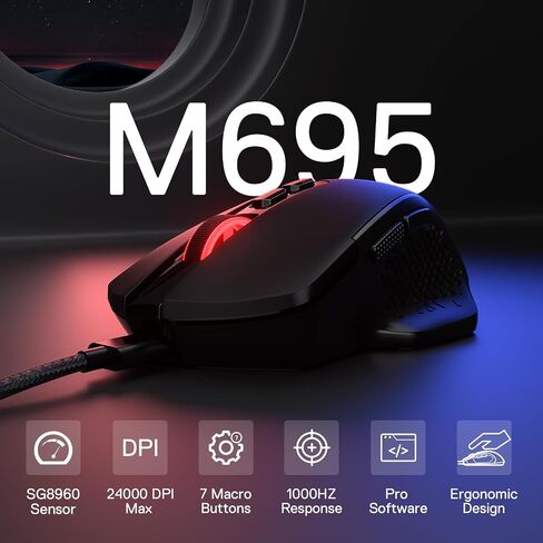 Redragon M695 الماوس السلكي للألعاب ، 24000 كحد أقصى فئران ألعاب ضوئية مع 7 أزرار قابلة للبرمجة ، بناء قبضة طبيعية مريحة ، يدعم البرمجيات مفاتيح DIY و DPI ، Black in Saudi Arabia