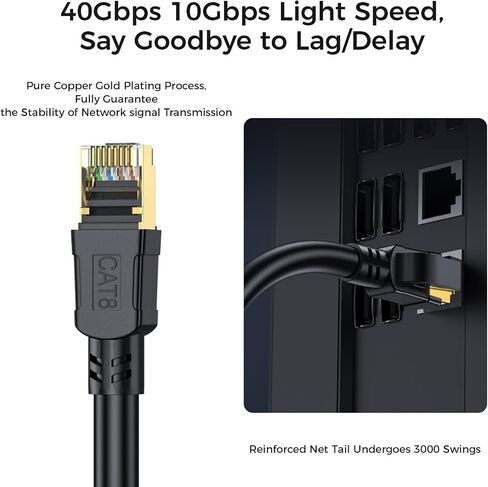 Cat 8 Ethernet Cable 100FT, High Speed Heavy Duty Network LAN Patch Cord 40Gbps 2000Mhz with Gold Plated RJ45 Connector, Outdoor&Indoor Internet Cable Compatible for Router Gaming Modem Xbox in Saudi Arabia