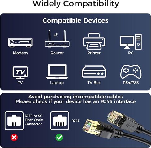 Cat 8 Ethernet Cable 100FT, High Speed Heavy Duty Network LAN Patch Cord 40Gbps 2000Mhz with Gold Plated RJ45 Connector, Outdoor&Indoor Internet Cable Compatible for Router Gaming Modem Xbox in Saudi Arabia