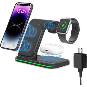 الشاحن اللاسلكي للأجهزة المتعددة 3 في 1 محطة شحن سريعة قابلة للطي متوافق مع iPhone 17 16 15 14 13 Pro لسلسلة Apple Watch لـ AirPods 4 3 2 Pro لـ Samsung Galaxy Android (Black) in Kuwait
