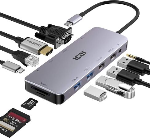 ICZI USB C Hub, 11 in 1 Docking Station Multiport Adapter with 1*HDMI/VGA/Ethernet, SD/TF Card Reader, 4*USB Port, 100W PD and 3.5mm Audio Jack Compatible with MacBook, Dell/HP/Lenovo Laptop, Surface in Kuwait