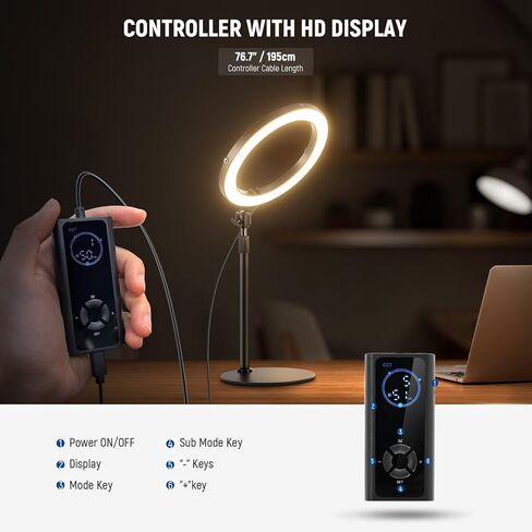 Neewer 10 "20W LED LED Light مع حامل هاتف حامل المكتب لجهاز الكمبيوتر المحمول iPhone ، BI Color 2900K-7000K ، USB C PD INPUT ، CRI97+ 1660LX/0.5M ، Makeie Makeup Tiktok Recording Conference Lighting ، RH10B in Kuwait