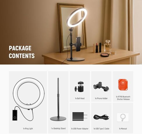 Neewer 10 "20W LED LED Light مع حامل هاتف حامل المكتب لجهاز الكمبيوتر المحمول iPhone ، BI Color 2900K-7000K ، USB C PD INPUT ، CRI97+ 1660LX/0.5M ، Makeie Makeup Tiktok Recording Conference Lighting ، RH10B in Kuwait