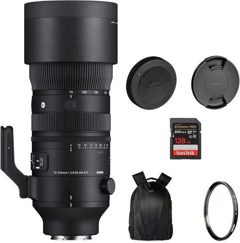 Sigma 70-200mm f/2.8 DG DN OS Sports Lens for Sony E | عدسة كاميرا تكبير Dyanmic مع مرشح UV Tiffen 77 مم ، وبطاقة 128 جيجا بايت Pro SD وحقيبة ظهر الكاميرا مع تخزين متعدد الاستخدامات (مجموعة الحزمة) in Saudi Arabia