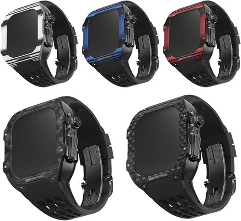Fluororubber Watch Band و Carbon Fiber Case Kit ， لـ Apple Watch 8/7/6/5/4 ترقية سلسلة الاستبدال الفاخرة الحافة ， علبة ألياف الكربون بالكامل لـ IWatch 45/44mm in Kuwait