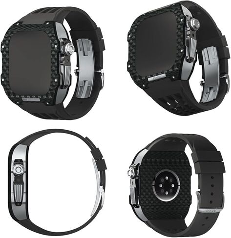 Fluororubber Watch Band و Carbon Fiber Case Kit ， لـ Apple Watch 8/7/6/5/4 ترقية سلسلة الاستبدال الفاخرة الحافة ， علبة ألياف الكربون بالكامل لـ IWatch 45/44mm in Kuwait
