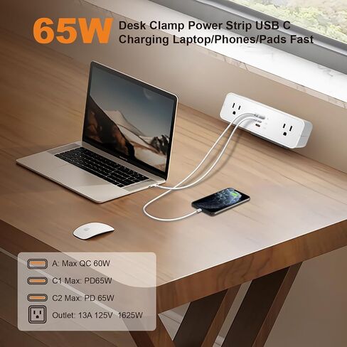 شريط الطاقة المكتبي شريط USB C 65W ، حافة سطح المكتب Mount Station 3 PD PROTT 2 OTLETS 6FT تمديد ملحق سلك المسطح Flat Plug Fit Max 3.26 '' Tabletop Edge لجدول Office للألعاب. in Kuwait