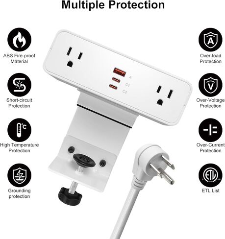 شريط الطاقة المكتبي شريط USB C 65W ، حافة سطح المكتب Mount Station 3 PD PROTT 2 OTLETS 6FT تمديد ملحق سلك المسطح Flat Plug Fit Max 3.26 '' Tabletop Edge لجدول Office للألعاب. in Kuwait