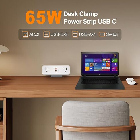 شريط الطاقة المكتبي شريط USB C 65W ، حافة سطح المكتب Mount Station 3 PD PROTT 2 OTLETS 6FT تمديد ملحق سلك المسطح Flat Plug Fit Max 3.26 '' Tabletop Edge لجدول Office للألعاب. in Kuwait
