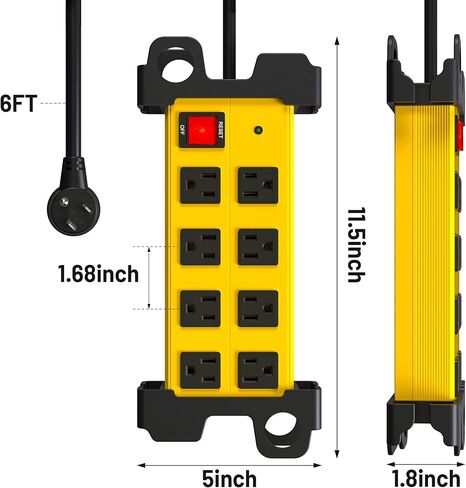Heavy Duty Power Strip 8 Outlets - Surge Protector 2700J with 6FT Long Extension Cord, Industrial Metal Powerstrip 15Amp, Wall Mount Plug for Garage Workshop Outdoor Home Office, Wide Spaced (6ft) in Saudi Arabia