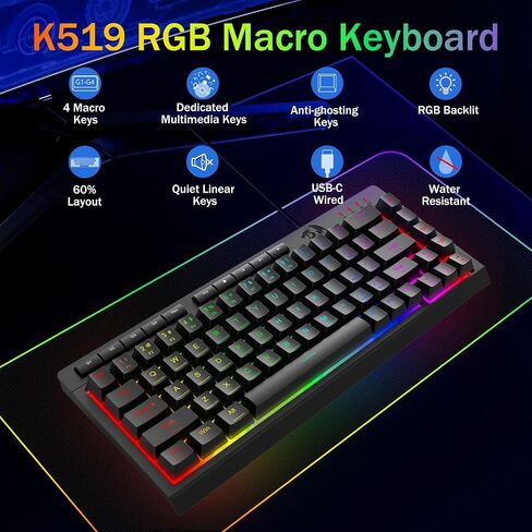 Redragon K519 RGB Gaming Keyboard Wired ، مفاتيح ماكرو إضافية على متن الطائرة ، مفاتيح الوسائط المتعددة المخصصة ، مضادة للضواحي ، RGB الخلفية ، دعم البرمجيات ، 60 ٪ مفاتيح غشاء هادئ محمول ، أسود in Kuwait