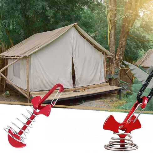 1PC ​​Spring-Loaded Fishbone Tent Peg - Heavy Duty Anchor Nails for Outdoor Tents; Wooden Planks, Windproof Metal Stake with Rope Tensioner, Red in Saudi Arabia