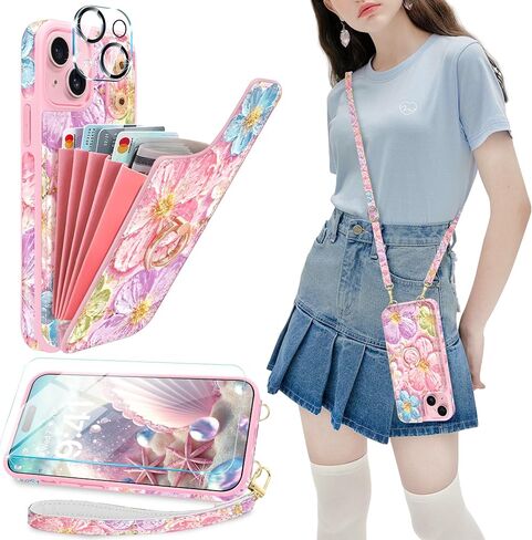 Crossbody Wallet Case for iPhone 16 with Card Holder, Cute 3D Oil Painting Floral Butterfly Pattern Crossbody Case with [Screen Protector+Camera Lens Protector] Ring Stand&Lanyard Cover,White in Saudi Arabia