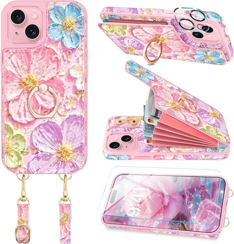 Crossbody Wallet Case for iPhone 16 with Card Holder, Cute 3D Oil Painting Floral Butterfly Pattern Crossbody Case with [Screen Protector+Camera Lens Protector] Ring Stand&Lanyard Cover,White in Saudi Arabia