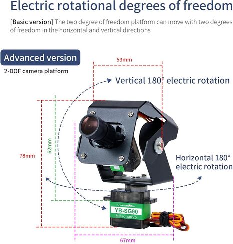 Yahboom Digital Servo 2DOF متعدد الزوايا التوجيه Gimbal كهربائي درجتين من الحرية كاميرا PTZ مع ضوء LED لسيارة روبوت DIY (2DOF Basic Ver) in Kuwait
