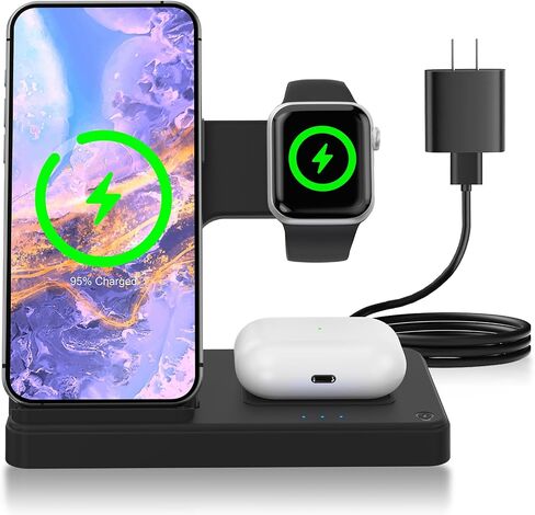 شاحن محطة الشحن اللاسلكية: 3 -in -1 Charger Desk Stand أجهزة متعددة - لأجهزة iPhone 16e 16e 16 15 14 13 12 Pro Max - لـ Apple Watch و Airpods Ultra Series - Bedside Nightstand in Saudi Arabia
