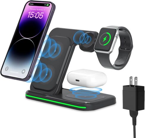 الشاحن اللاسلكي للأجهزة المتعددة 3 في 1 محطة شحن سريعة قابلة للطي متوافق مع iPhone 17 16 15 14 13 Pro لسلسلة Apple Watch لـ AirPods 4 3 2 Pro لـ Samsung Galaxy Android (Black) in Kuwait