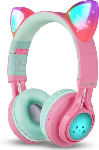 سماعات رأس بلوتوث Riwbox CT-7 Cat Ear Kids، سماعات رأس بلوتوث لاسلكية تضيء فوق الأذن مع ميكروفون وتحكم في مستوى الصوت للسفر/المدرسة/الهواتف الذكية/الكمبيوتر المحمول/الكمبيوتر الشخصي/التلفزيون (وردي وأخضر) in Kuwait