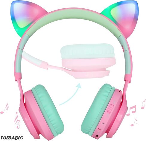 سماعات رأس بلوتوث Riwbox CT-7 Cat Ear Kids، سماعات رأس بلوتوث لاسلكية تضيء فوق الأذن مع ميكروفون وتحكم في مستوى الصوت للسفر/المدرسة/الهواتف الذكية/الكمبيوتر المحمول/الكمبيوتر الشخصي/التلفزيون (وردي وأخضر) in Kuwait