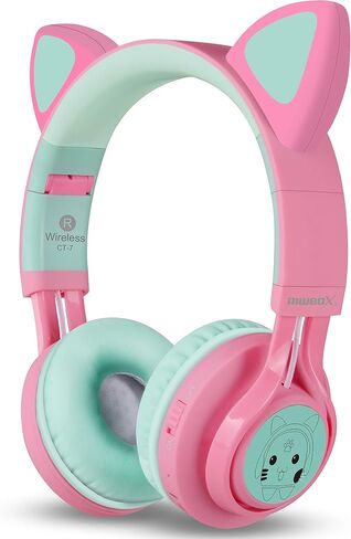 سماعات رأس بلوتوث Riwbox CT-7 Cat Ear Kids، سماعات رأس بلوتوث لاسلكية تضيء فوق الأذن مع ميكروفون وتحكم في مستوى الصوت للسفر/المدرسة/الهواتف الذكية/الكمبيوتر المحمول/الكمبيوتر الشخصي/التلفزيون (وردي وأخضر) in Kuwait