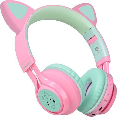 سماعات رأس بلوتوث Riwbox CT-7 Cat Ear Kids، سماعات رأس بلوتوث لاسلكية تضيء فوق الأذن مع ميكروفون وتحكم في مستوى الصوت للسفر/المدرسة/الهواتف الذكية/الكمبيوتر المحمول/الكمبيوتر الشخصي/التلفزيون (وردي وأخضر) in Kuwait