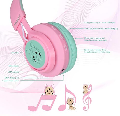 سماعات رأس بلوتوث Riwbox CT-7 Cat Ear Kids، سماعات رأس بلوتوث لاسلكية تضيء فوق الأذن مع ميكروفون وتحكم في مستوى الصوت للسفر/المدرسة/الهواتف الذكية/الكمبيوتر المحمول/الكمبيوتر الشخصي/التلفزيون (وردي وأخضر) in Kuwait