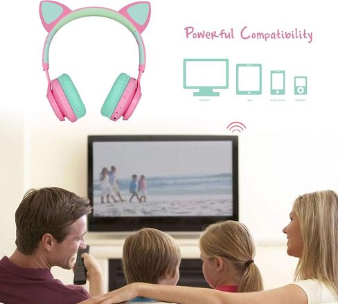 سماعات رأس بلوتوث Riwbox CT-7 Cat Ear Kids، سماعات رأس بلوتوث لاسلكية تضيء فوق الأذن مع ميكروفون وتحكم في مستوى الصوت للسفر/المدرسة/الهواتف الذكية/الكمبيوتر المحمول/الكمبيوتر الشخصي/التلفزيون (وردي وأخضر) in Kuwait