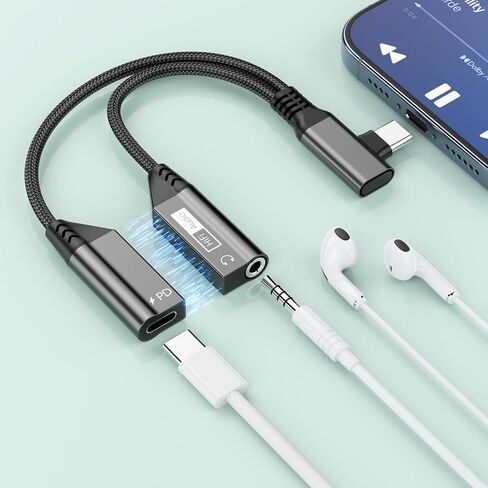 Magnetic 2-in-1 Right Angle USB C to 3.5mm Audio Jack Headphone and Charge Cable Adapter for Type C Devices,PD 60W Fast Charge Earphone Converter Splitter for iPhone 15 16/Samsung/Huawei/iPad Pro Air in Saudi Arabia