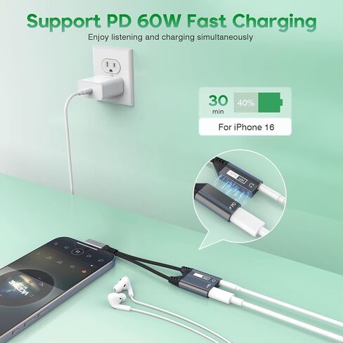 Magnetic 2-in-1 Right Angle USB C to 3.5mm Audio Jack Headphone and Charge Cable Adapter for Type C Devices,PD 60W Fast Charge Earphone Converter Splitter for iPhone 15 16/Samsung/Huawei/iPad Pro Air in Saudi Arabia
