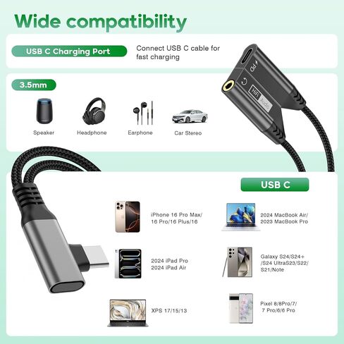 Magnetic 2-in-1 Right Angle USB C to 3.5mm Audio Jack Headphone and Charge Cable Adapter for Type C Devices,PD 60W Fast Charge Earphone Converter Splitter for iPhone 15 16/Samsung/Huawei/iPad Pro Air in Saudi Arabia