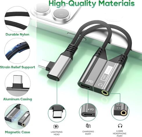 Magnetic 2-in-1 Right Angle USB C to 3.5mm Audio Jack Headphone and Charge Cable Adapter for Type C Devices,PD 60W Fast Charge Earphone Converter Splitter for iPhone 15 16/Samsung/Huawei/iPad Pro Air in Saudi Arabia