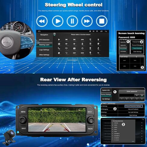 For Jeep Wrangler Radio 2003 2004 2005 2006, Grand Cherokee Radio 1999-2004, Dodge Ram 1500/2500/3500 Radio 2002-2005 Grand Caravan 2001-2007, Chrysler Car Stereo 6.8inch Wireless Carplay Android Auto in Kuwait