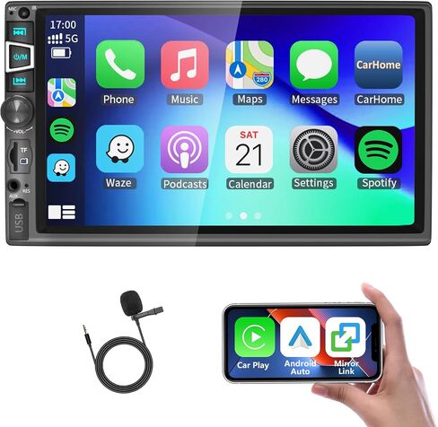 ستيريو مزدوج DIN CAR متوافق مع CARPLAY اللاسلكي ورابط Android AUTO & MIRROR ، 7 بوصة HD 1024 * 600 شاشة تعمل باللمس مع Bluetooth 5.2 ، إدخال الكاميرا الاحتياطية ، التحكم الصوتي ، USB/AUX/TF/SWC/MIC ، AM/FM راديو in Kuwait
