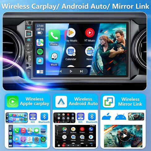 ستيريو مزدوج DIN CAR متوافق مع CARPLAY اللاسلكي ورابط Android AUTO & MIRROR ، 7 بوصة HD 1024 * 600 شاشة تعمل باللمس مع Bluetooth 5.2 ، إدخال الكاميرا الاحتياطية ، التحكم الصوتي ، USB/AUX/TF/SWC/MIC ، AM/FM راديو in Kuwait