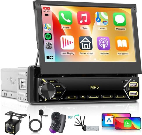 Hodozzy Single Din Flip Out Stereo مع Carplay Android Auto ، شاشة Radiotouck ذات 7 بوصات مع Bluetooth مع ، راديو FM ، EQ ، SWC ، دعم القرص U/USB/Type-C والكاميرا العكسية in Kuwait