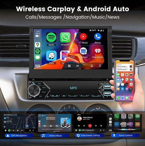 Hodozzy Single Din Flip Out Stereo مع Carplay Android Auto ، شاشة Radiotouck ذات 7 بوصات مع Bluetooth مع ، راديو FM ، EQ ، SWC ، دعم القرص U/USB/Type-C والكاميرا العكسية in Kuwait