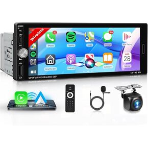 6.9'' Single Din Car Stereo with Wireless CarPlay Android Auto, 1280 * 480 HD Touchscreen Radio Bluetooth 5.2, Mirror Link, FM, SWC, Type C/USB Charging + Backup Camera+ Mic in Kuwait