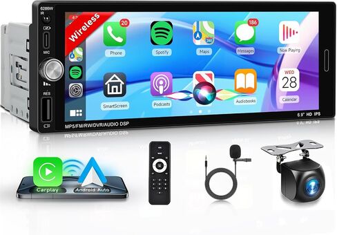 6.9 '' Stereo Single Din Car مع Carplay Wireless Android Auto ، 1280 * 480 HD Radio Radio Bluetooth 5.2 ، Link Link ، FM ، SWC ، Type C/USB Charging + Camera Backup + MIC in Kuwait
