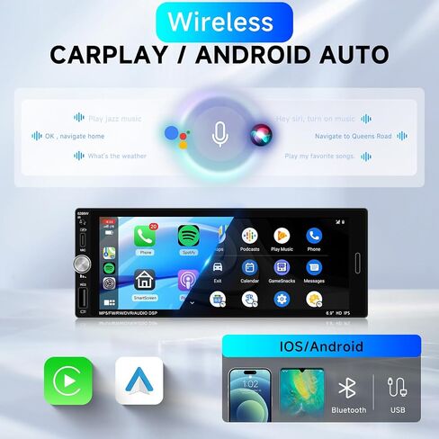 6.9 '' Stereo Single Din Car مع Carplay Wireless Android Auto ، 1280 * 480 HD Radio Radio Bluetooth 5.2 ، Link Link ، FM ، SWC ، Type C/USB Charging + Camera Backup + MIC in Kuwait