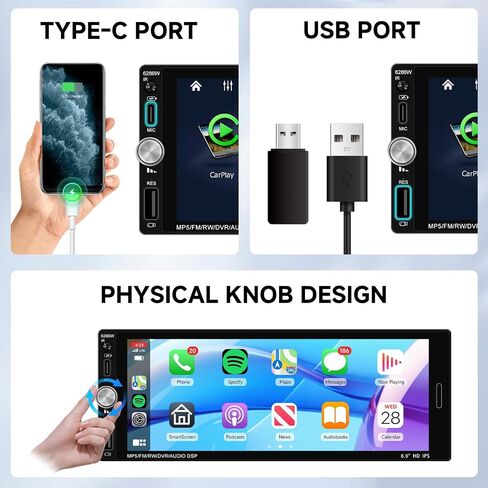 6.9 '' Stereo Single Din Car مع Carplay Wireless Android Auto ، 1280 * 480 HD Radio Radio Bluetooth 5.2 ، Link Link ، FM ، SWC ، Type C/USB Charging + Camera Backup + MIC in Kuwait